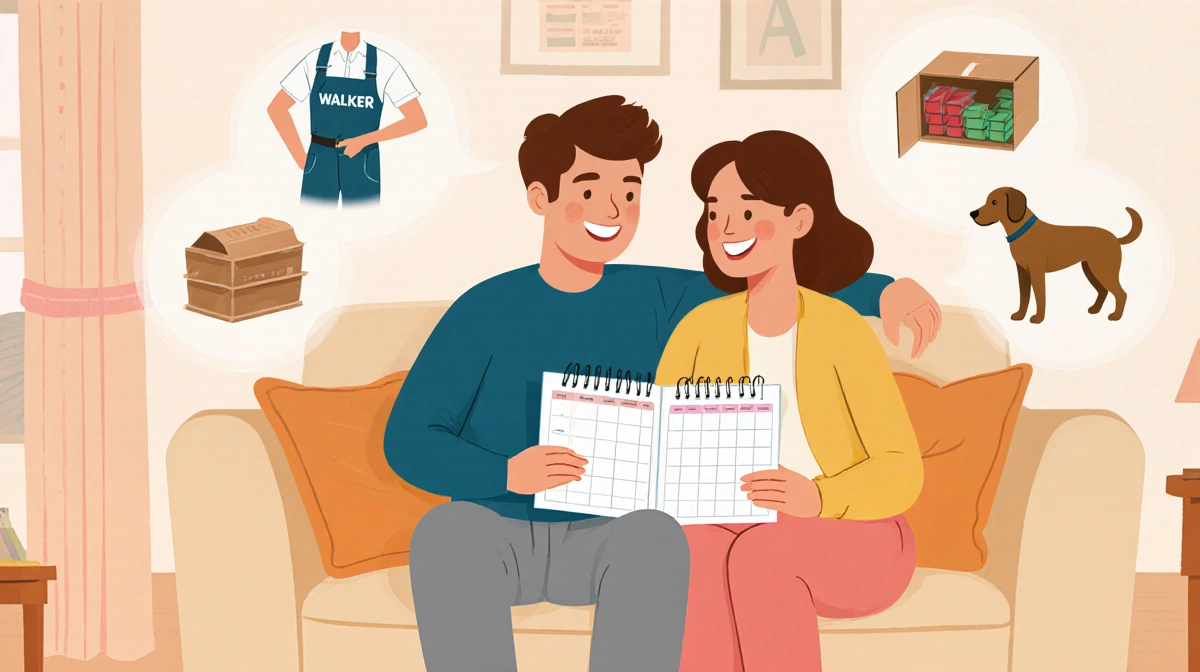 Couple sitting on couch sharing planner with takeout containers and dog walker warm lighting