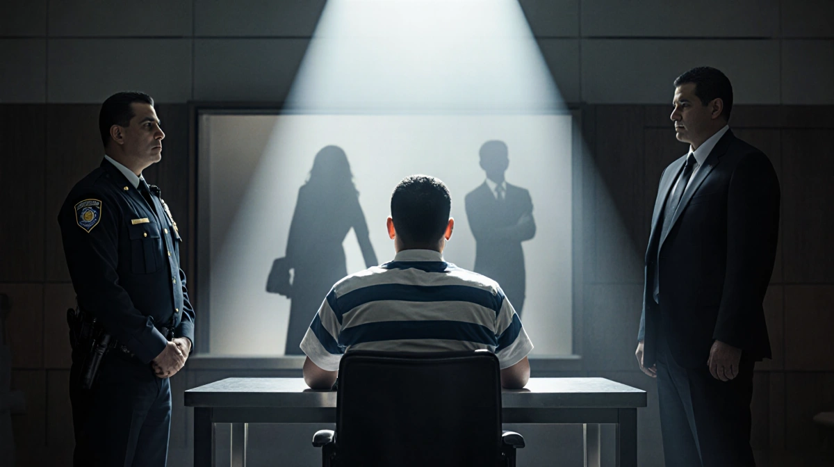 Defendant sitting at courtroom table with officers and grieving family silhouettes behind