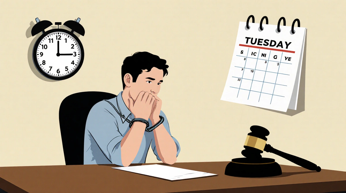 Man sitting in handcuffs at a courtroom desk with a judge's gavel and a clock showing 12 minutes to the Tuesday hearing.