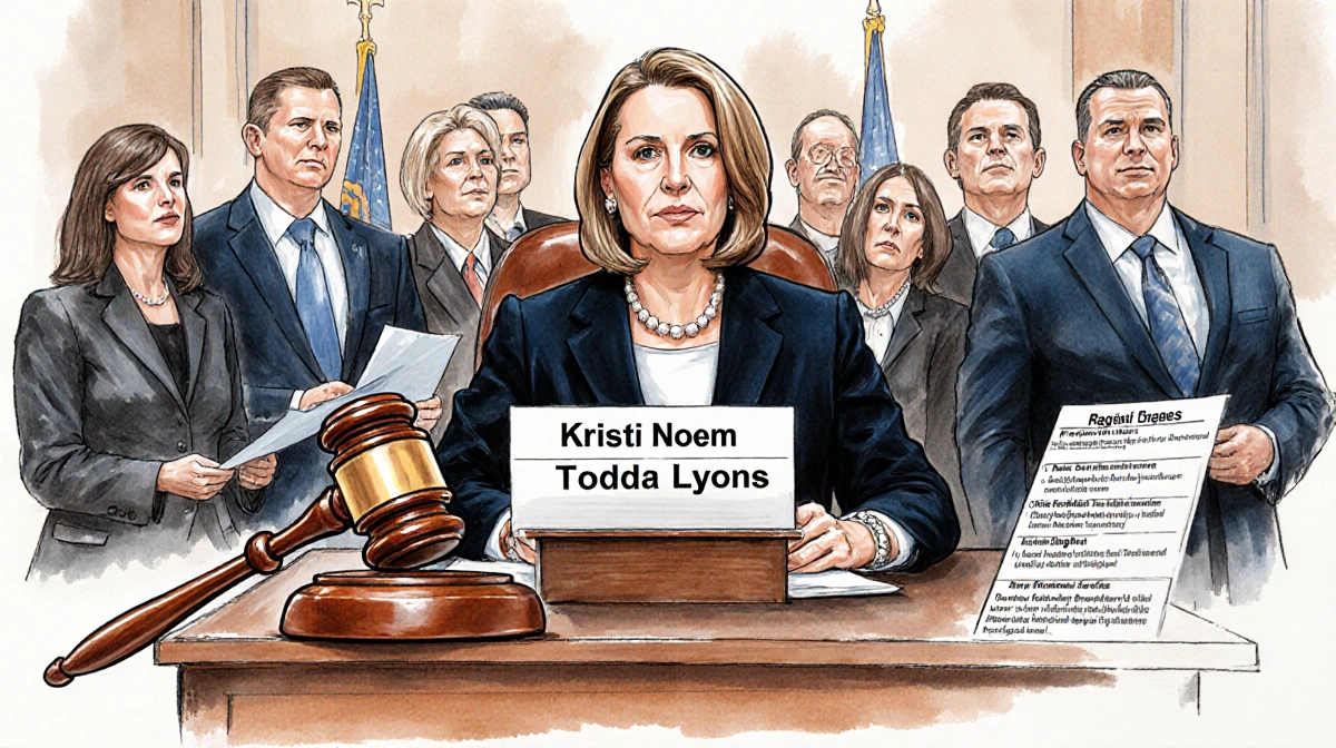 Judge pounding gavel at bench with Kristi Noem and Todd Lyons blurred behind courtroom desk