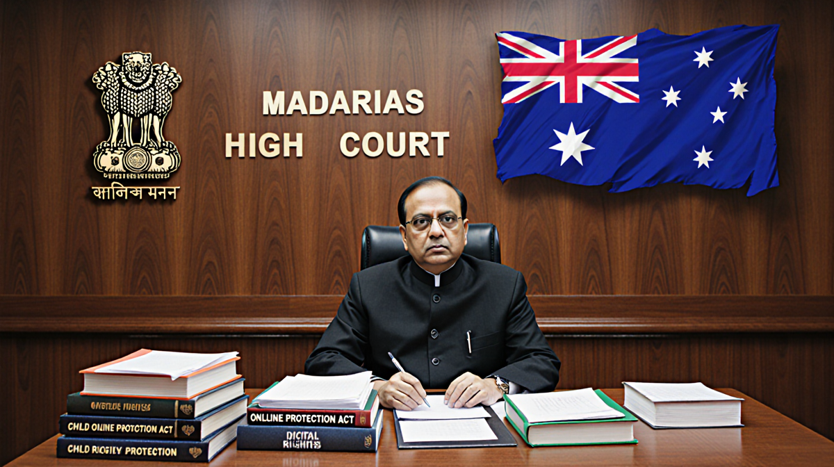 Judge reviewing documents with Madras High Court logo and subtle Australian flag indicating online safety regulation debate