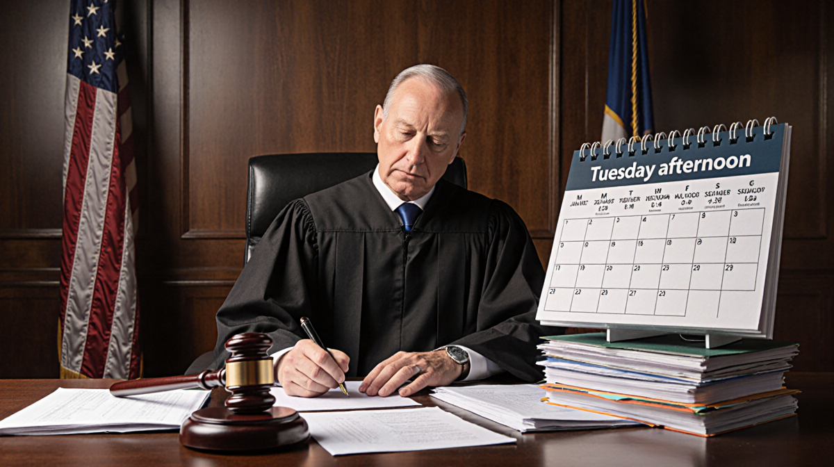 Judge holding gavel and papers with a muted courtroom background showing Tuesday afternoon hearing