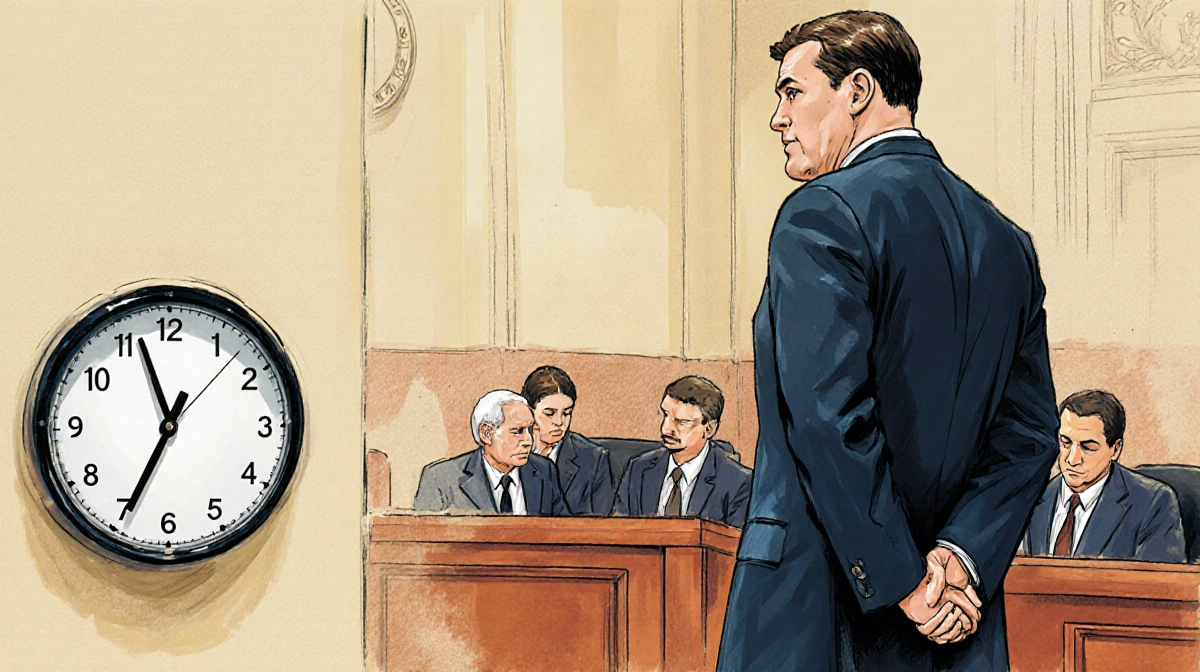 Prosecutor addressing jury with countdown clock on wall showing urgency in courtroom