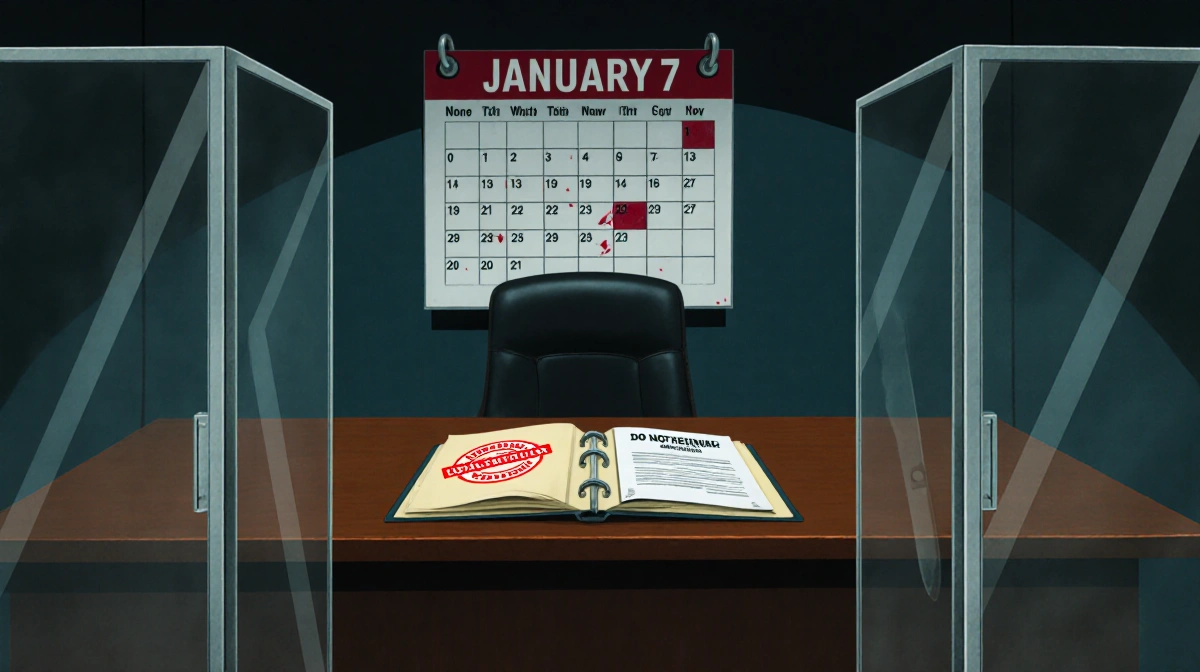 Judge's bench displaying open folder with red stamp and confidential courtroom calendar marking January 7th