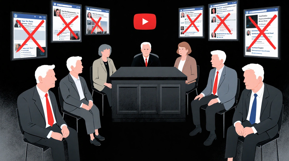 Eight men and two women sit in courtroom with judge's bench and screens showing social media posts with X warning symbols.