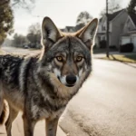 Coyote standing on suburban street edge staring at viewer with matted fur and long shadows