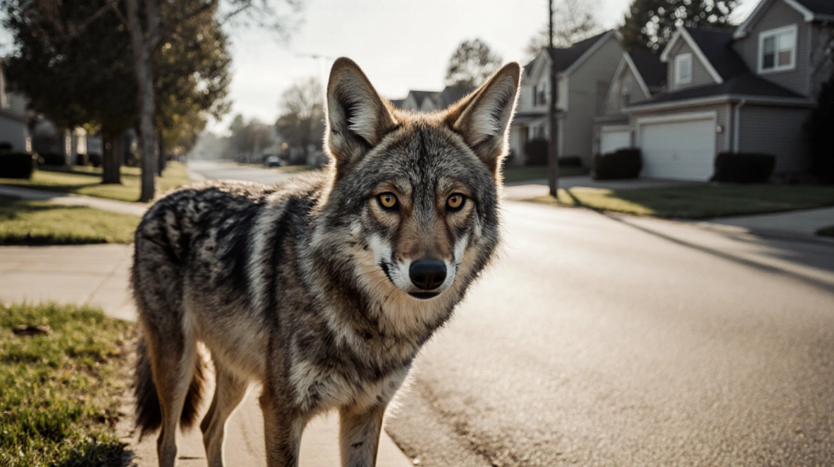 Coyote standing on suburban street edge staring at viewer with matted fur and long shadows