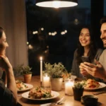 Two couples sharing a cozy warm dinner with soft candlelight and plants on the table.