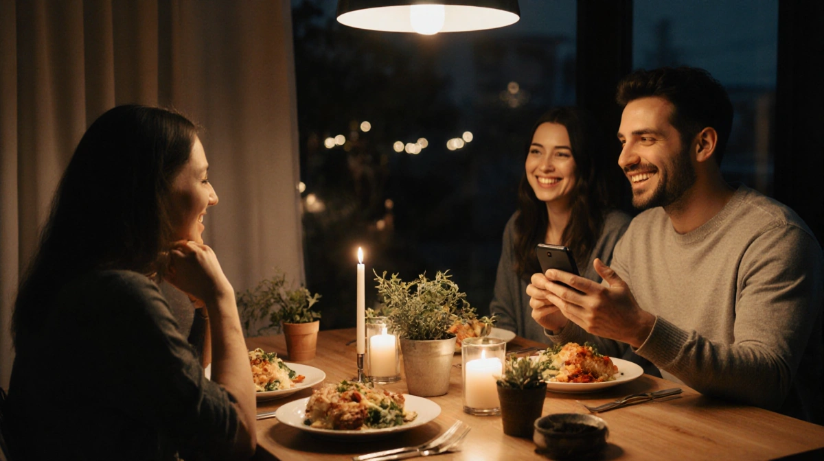 Two couples sharing a cozy warm dinner with soft candlelight and plants on the table.