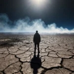 Lone figure stands at cracked earth edge with darkening sky above and smoke wisps rising from parched ground