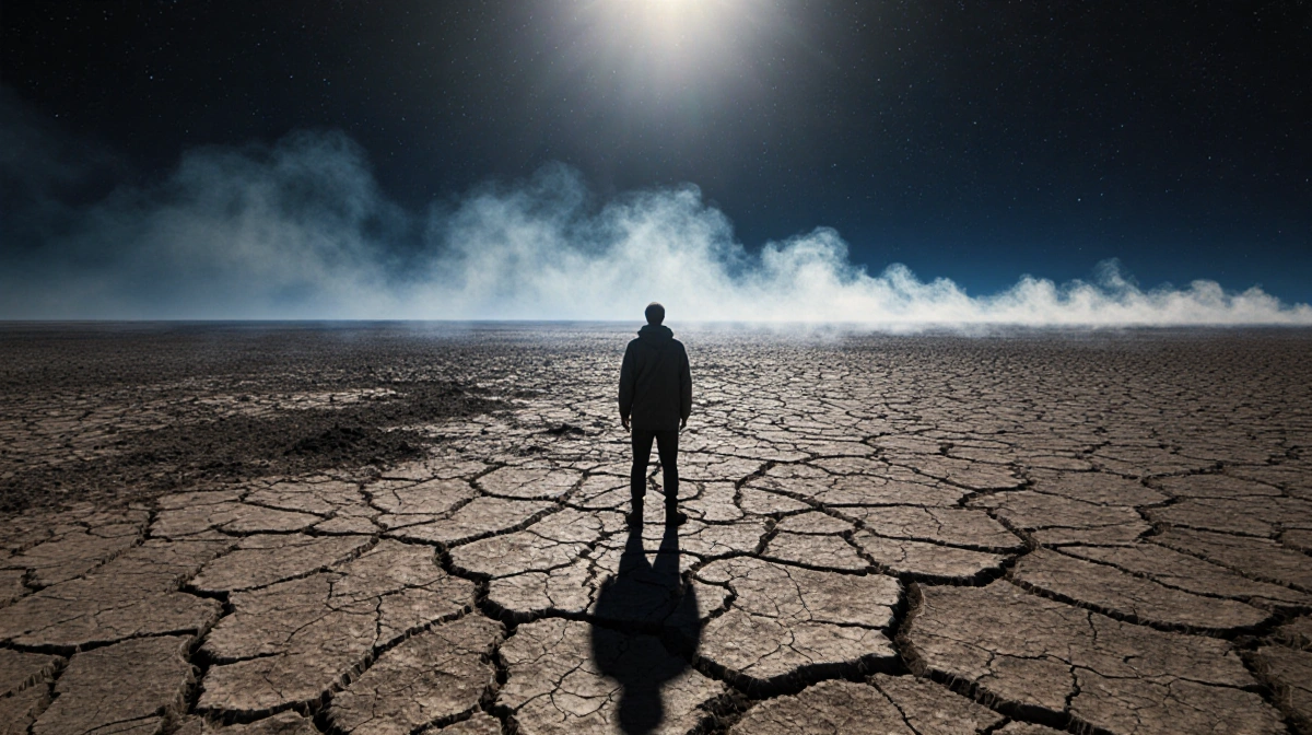 Lone figure stands at cracked earth edge with darkening sky above and smoke wisps rising from parched ground