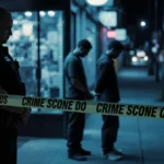 Police officer guards smoke shop entrance with handcuffed suspects standing nearby and crime scene tape stretched across