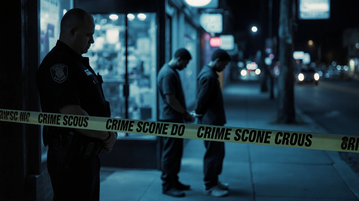 Police officer guards smoke shop entrance with handcuffed suspects standing nearby and crime scene tape stretched across