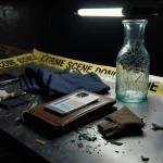 Forensic evidence lies scattered on table with police tape and flickering lights showing crime scene investigation