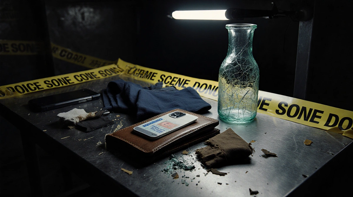 Forensic evidence lies scattered on table with police tape and flickering lights showing crime scene investigation