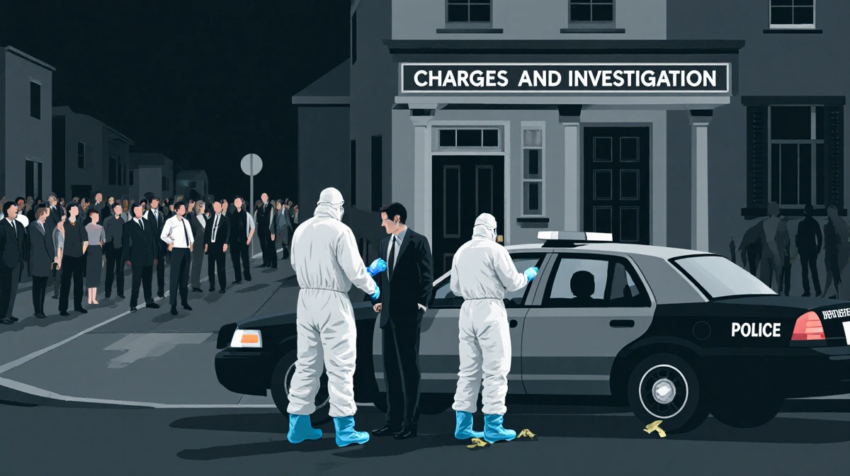 Forensic team collecting evidence at crime scene entrance with police car parked and detective standing nearby