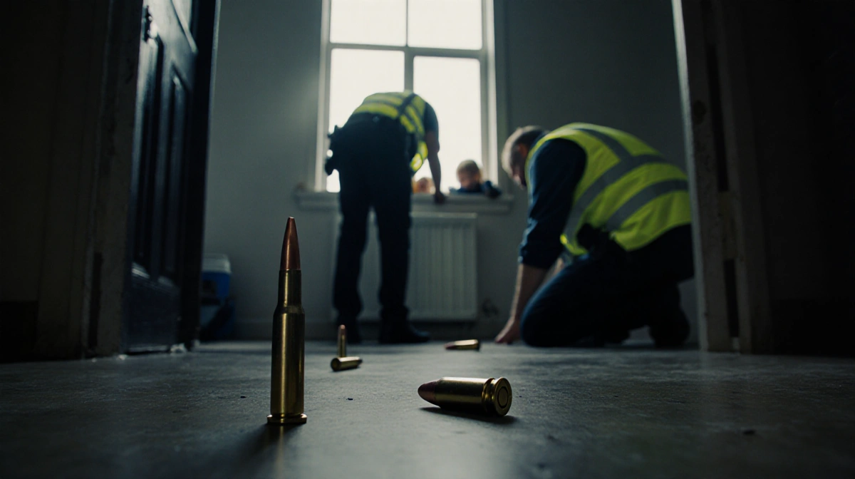Investigators examining floor in a dim crime scene with reflective vests and 9-mm shell casings near a window