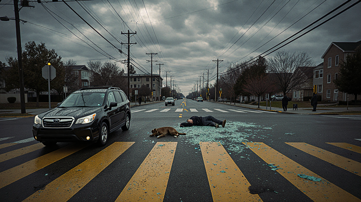 Vehicle stops at crosswalk with empty driver's seat and person with dog lying after accident in desolate background