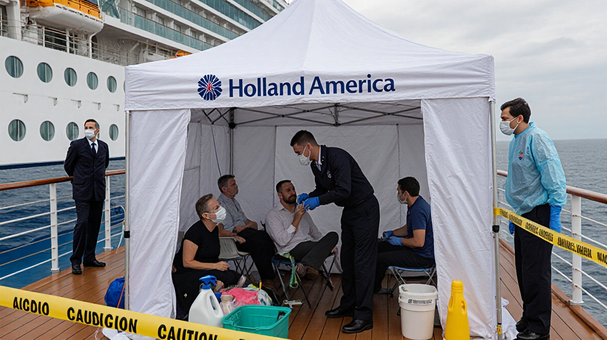 Medical crew in protective gear treating passengers with IV medication inside quarantine tent on cruise ship deck