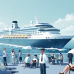 Passengers feeling seasick on cruise ship deck with medical staff helping and ocean visible beyond railings