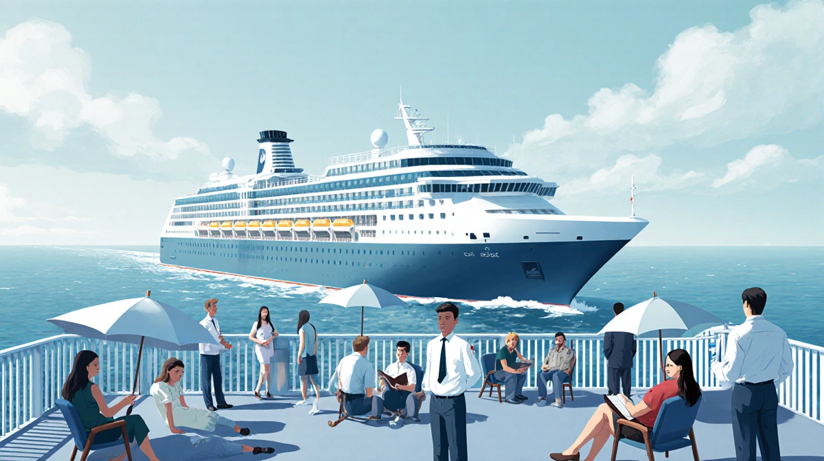 Passengers feeling seasick on cruise ship deck with medical staff helping and ocean visible beyond railings