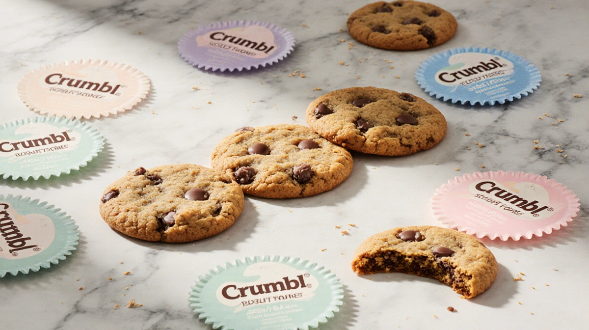 Four fresh Crumbl cookies rest on marble with pastel wrappers scattered nearby showing new 2026 flavors