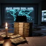 Cryptocurrency bills stack glowing with candle and Polymarket balances showing blurred world map