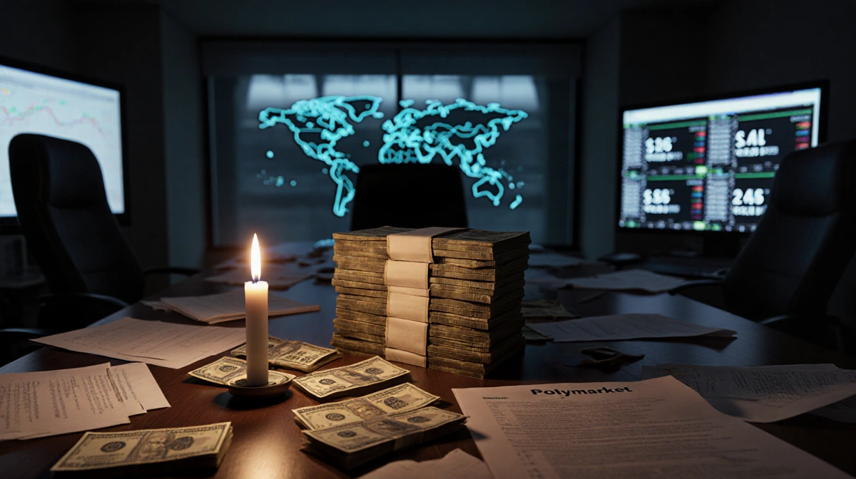 Cryptocurrency bills stack glowing with candle and Polymarket balances showing blurred world map