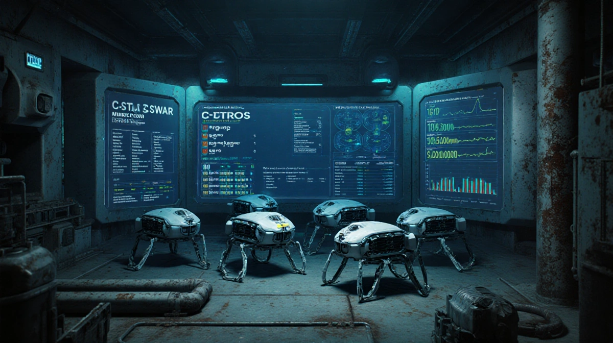 C-Star swarm robots operate in formation with survival data screens showing oceanic corrosion and 100-day metrics