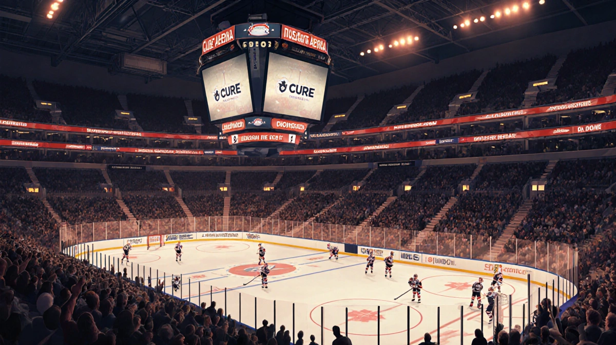 Hockey players skating on Cure Insurance Arena ice with cheering fans in stands and scoreboard showing game action