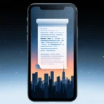 Smartphone screen scrolling cryptic message with cityscape silhouette through glass and dark blue grey gradient