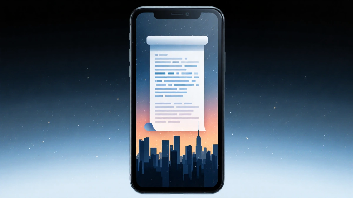 Smartphone screen scrolling cryptic message with cityscape silhouette through glass and dark blue grey gradient
