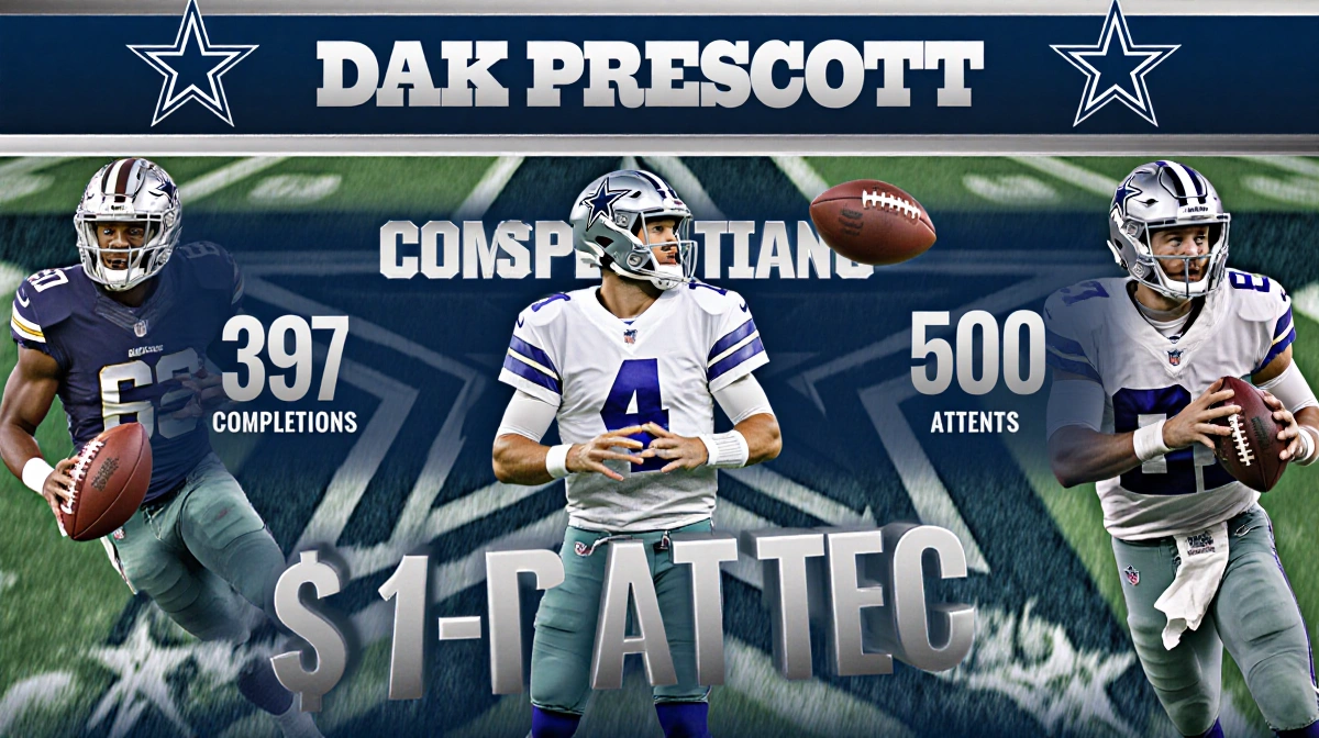 Stat graphic displays Dak Prescott football statistics with 397 completions and 589 attempts on Dallas Cowboys blue backgroun