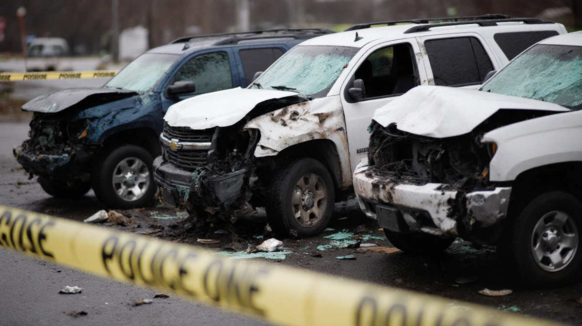 Three wrecked cars sit behind police tape with crushed fenders and shattered glass showing severe accident damage
