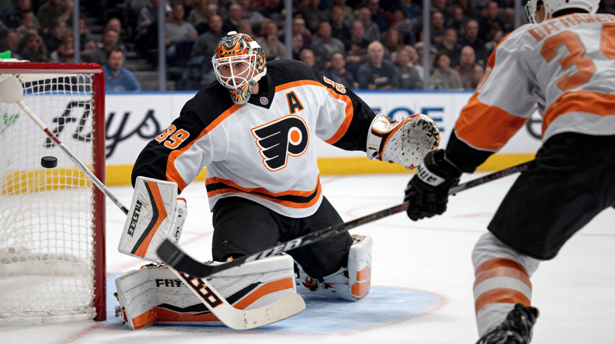Dan Vladar goalie save with his glove reaching for a flying puck and a stick in motion against a blurred Flyers backdrop.