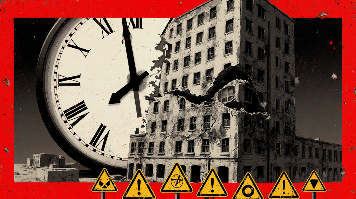 Crumbling building with warning signs and cracked foundation showing structural collapse risk