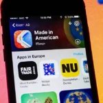 Danish smartphone shows top boycott apps with Nordic patterns and bright icons glowing on screen