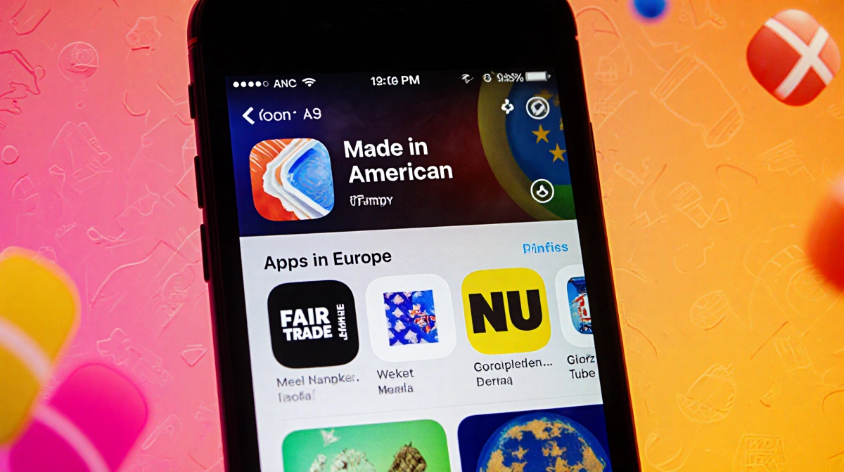 Danish smartphone shows top boycott apps with Nordic patterns and bright icons glowing on screen