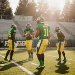 Dante Moore throws football with Oregon teammates at Autzen Stadium showing iconic bleachers