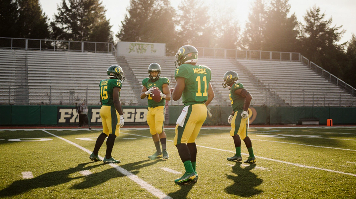 Dante Moore throws football with Oregon teammates at Autzen Stadium showing iconic bleachers