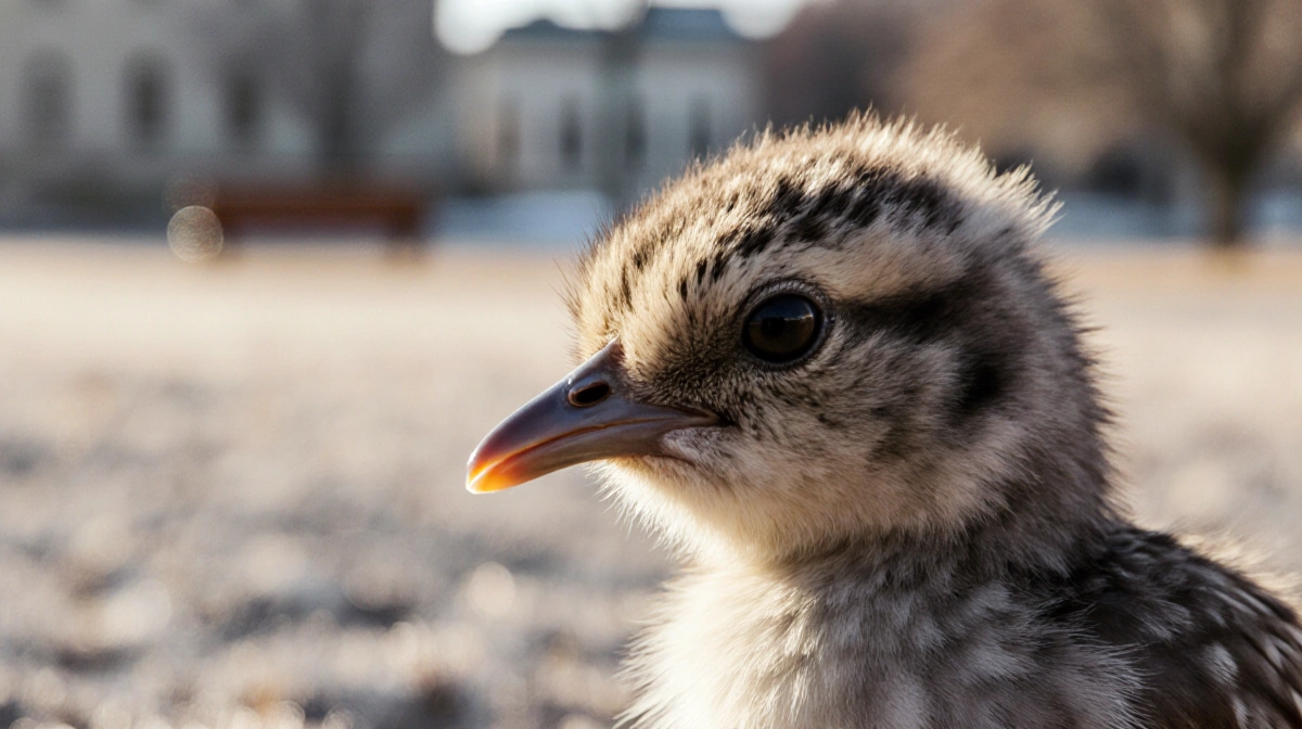 Juncos chick tilts its beak toward the viewer with warm light and a blurred campus background