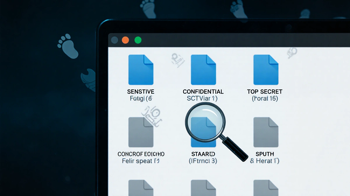 Magnifying glass cursor hovering over classified file with sensitive documents visible on dim computer screen