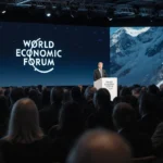 Anthropic CEO speaks at Davos with Nvidia logo glowing behind and audience reacting with tense expressions