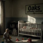 Baby lying in a dim daycare room with curtains and Oaks Learning Center sign another infant sits upright in a playpen.