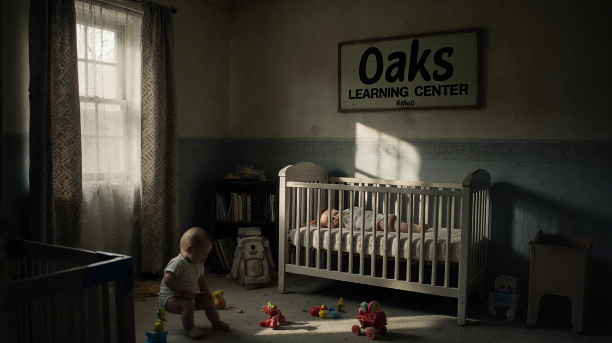 Baby lying in a dim daycare room with curtains and Oaks Learning Center sign another infant sits upright in a playpen.