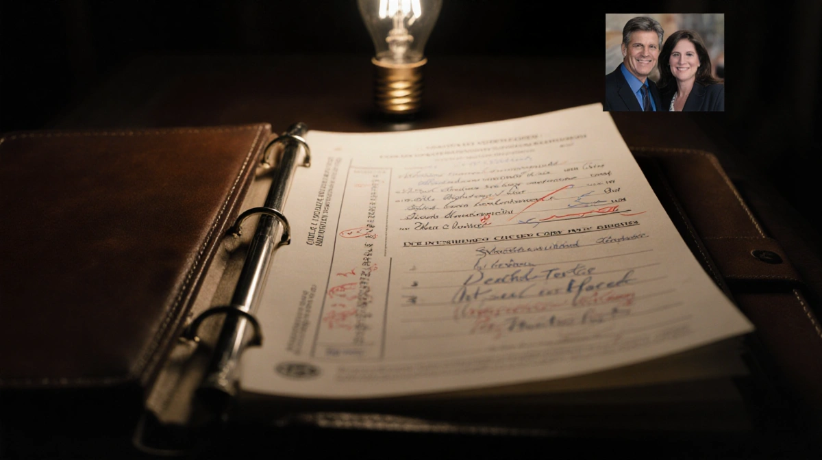 Death certificate open and displaying knife injuries with flickering bulb and blurred worn file in background