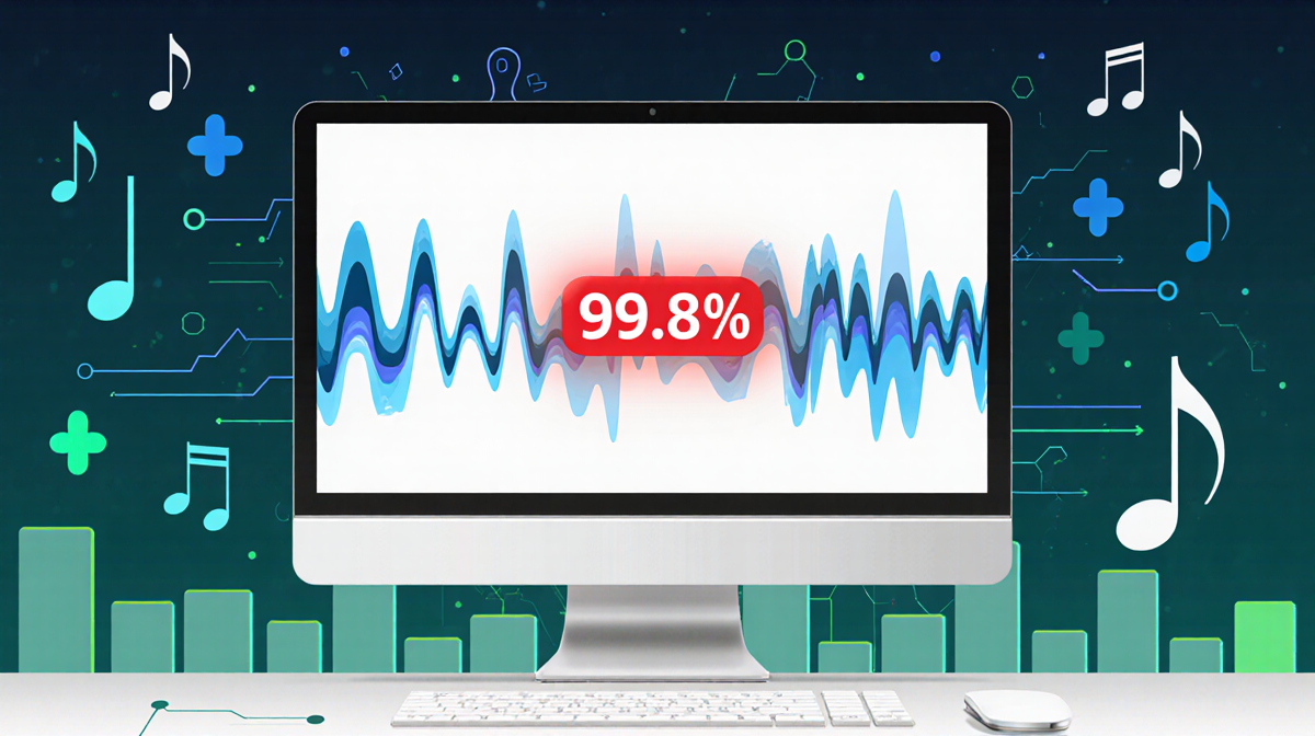 Computer screen showing AI detection waveform with 99.8% accuracy metric and abstract data shapes