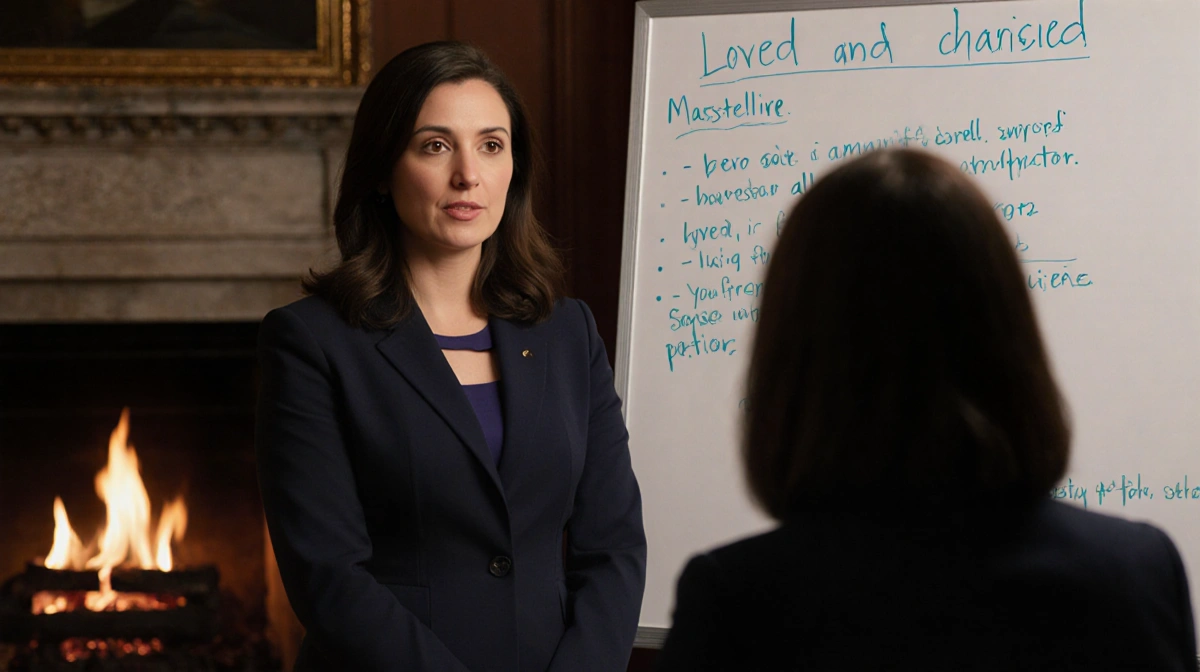 Defense attorney Monika Mastellone presenting evidence on whiteboard with loved and cherished text visible and fireplace embe