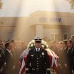 Police uniform standing with mournful faces and a casket in a public viewing under a flag
