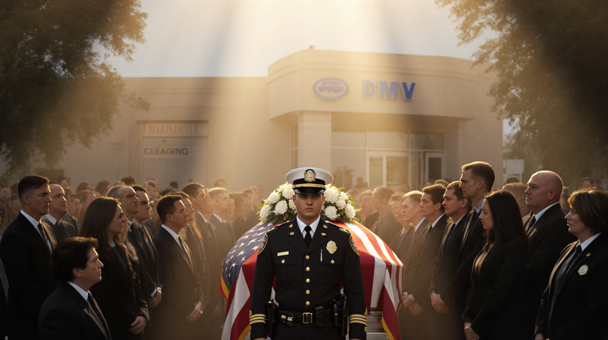 Police uniform standing with mournful faces and a casket in a public viewing under a flag